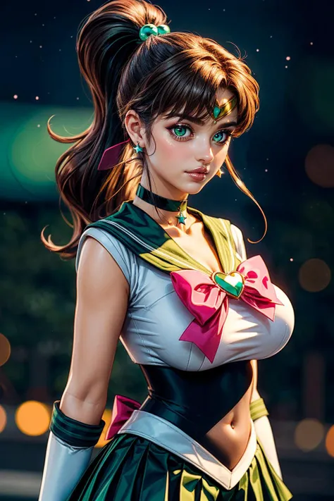 (ultra realistic,32k, masterpiece:1.2),(high detailed skin:1.1),( high quality:1.1),
<lora:EPsmSailorJupiter:0.8>EPsmSailorJupiter,nose blush, green eyes, brown hair, long hair, ponytail, hair ornament, hair bobbles, brooch, heart brooch, jewelry, tiara, choker, green choker, star choker, skirt, green skirt, pleated skirt, bow, back bow, pink bow, gloves, white gloves, elbow gloves, earrings, sailor collar, star (symbol), green sailor collar, sailor senshi uniform, blank background, huge breast,large breast,(looking at viewer, Bend forward:1.1),, <lora:add_detail:0.98>,
(neon light:1.1),
