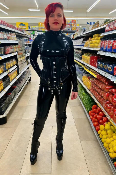 <lora:Rubber_Emily:0.7>, rubber emily, solo, 1girl, red hair, bodysuit, latex, black bodysuit, standing at the supermarket, with a shopping cart