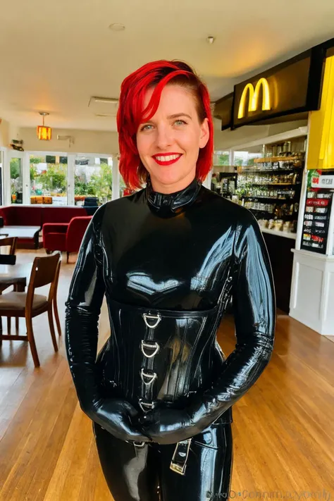 <lora:Rubber_Emily:0.7>, rubber emily, solo, 1girl, red hair, bodysuit, latex, black bodysuit, working at McDonalds