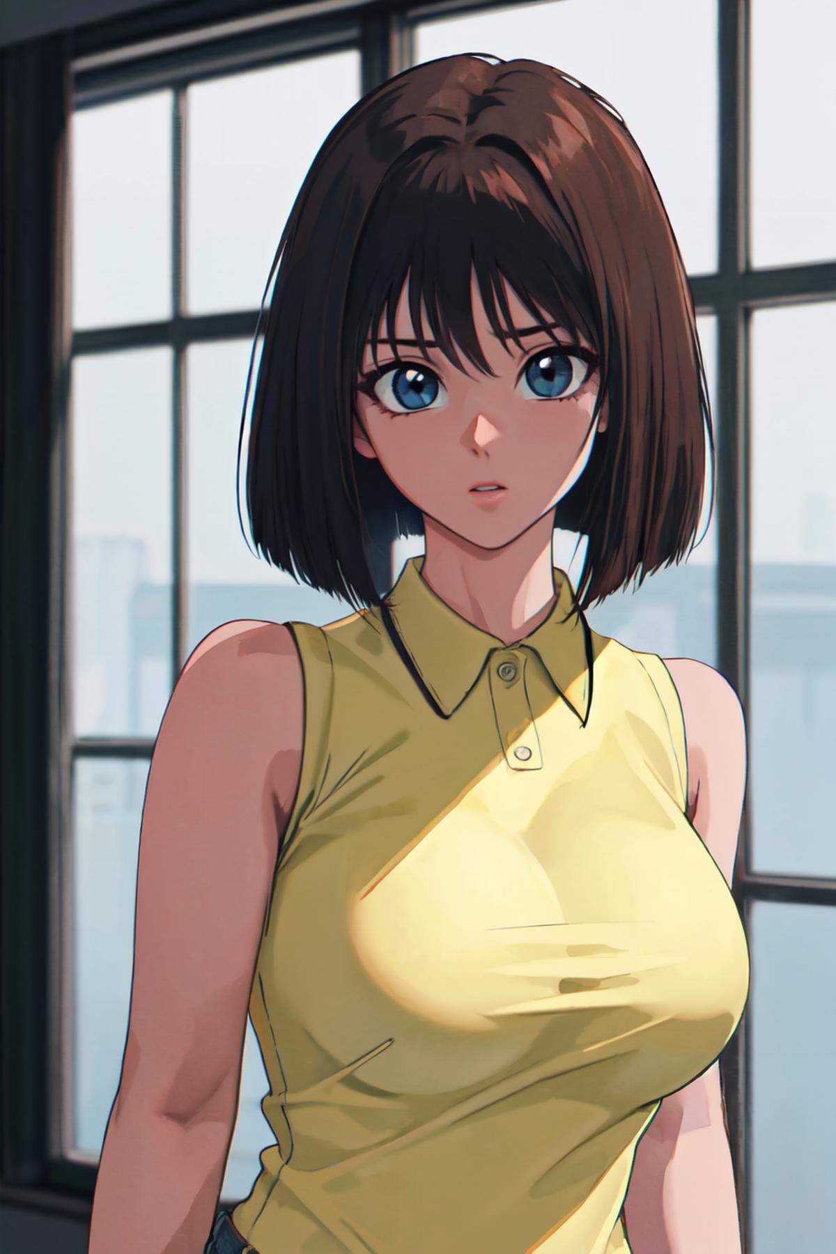 Anime girl in yellow shirt standing in front of a window - SeaArt AI