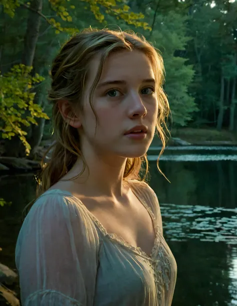 In the heart of twilight's ethereal haze, Ellie stands by a tranquil lake, her delicate features framed by cascading waves of golden tendrils. Her cerulean eyes reflect the serenity of water, while she tilts her head ever so slightly to the side, her expression one wistful longing that speaks of secrets hidden within her heart. Her hands clasped together at her waist, and she stands by the edge, a golden light casting upon upturned face, illuminating fine details of her beauty. The forest surrounding bathed in shadows, adding an air of mystery to scene, while behind her lake, old stone bridgeway appears, partially submergedged, hinting at tales of love lost and long ago. <lora:gilxmy18fbb4fb71ds34:1>