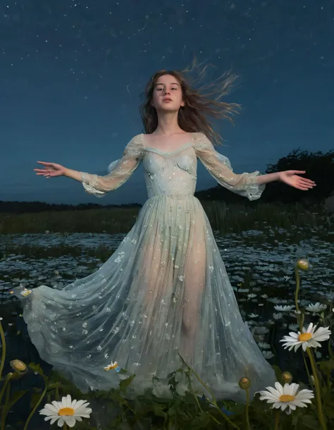 In the surrealist realm, a young woman named Ellie stands atop a whimsical floating garden of giant, bioluminescent daisies, her ethereal beauty accentuated by an antique lace gown in a delicate palette of moonlight-kissed pastels, her arms outstretched towards the heavens, as if invoking a long-lost celestial muse, while her gaze fixed on an unseen horizon hinting at a profound, her silhoueted against the backdrop of a dark star-studded sky, her ethereal palette and enigmatic expression melancholic, her hair wind-swept in misty and the scene is suffused in a soft light that adds mystery and further emphasizes surrealists intent to create haunting beautiful image lingers in the viewer's mind long after they have moved on from it. <lora:gilxmy18fbb4fb71ds34:1>