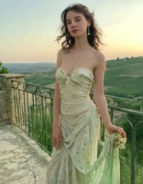 In the ethereal twilight of a tranquil Italian countryside, under sky streaked soft amber violet hues, standsradiant young woman adorned elegant flowing ivory silk gown, her emerald green eyes sparkling precious jewels as gaze longingly distant horizon. Her cascading raven hair artfully styled loose waves dance delicate features accent of her arch graceful neck. She stand edge ancient stone bridge, one hand resting gently weathered railing while other cradles fragile bouquet wildflowers that mimic colors setting sun. The wind whispers softly through air playing delicate fabric dress causing long fingers to quiver slightly as she clutch flowers tightly chest. Her pose, reminiscent of classical statue, both strong vulnerable, exuding quiet resilience captivating any observer heartstrings gaze upon enchanting visage. Background, blend rolling hills, dotted cypress trees vineyards, quaint stone villas bathed in soft romantic glow that adds to dreamlikequality scene. Fading light casting intricate shadows face body woman adding element mystery allure to her enigmatic presence. Image captured wide angle lens allows expansive view bucol landscape, framed by rough stone walls bridge, creating sense intimacy isolation that further enhances melancholy and longing that permepervades scene. Overall emotional tone image one nostalgia of yearning as woman stands precipice change gazing future with equal parts hope fear, yet also resignation fate. In this moment she appears frozen delicate balance between embracing past present while moving forward, creating image that is both hauntingly beautiful profound touching. Ellie <lora:gilxmy18fbb4fb71ds34:1>