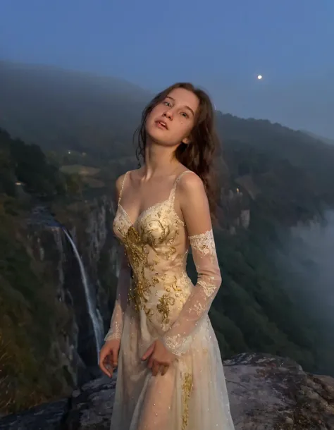 On that very same moonlit autumn evening, Ellie - a radiant young woman in an elegant lace gown adorned with gold embroidery and pearl beading - stood atop craggy hillside overlooking tranquil valley shrouded mist, her long raven hair cascaded down back lik waterfall silk. She gracefully extended one arm towards horizon while gazing wistfully intodistance, a single tear glistening on her cheek, the soft glow full moon illuminating her visage and casting warm golden hue across entire scene. The distant sound of lone violin echoed through air, evoking sense both beauty and melancholy. <lora:gilxmy18fbb4fb71ds34:1>