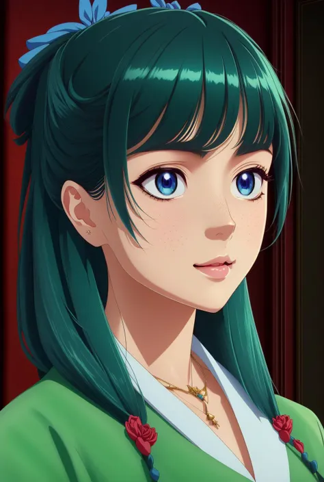 maomao, blue_eyes, green_hair, freckles, hair ribbon, <lora:Ðаомао монолог ÑаÑмаÑевÑа(maomao, blue_eyes, green_hair, freckles, hair ribbon):1.1>kimono, (((masterpiece))), (((best quality))), (((illustration))), (((finely detail))), ((extremely detailed cg unity 8k wallpaper, highres)), (beautiful detailed face and eyes and hair:1.1), (an extremely delicate and beautiful girl:1.2), ultra-detailed, ultra high res, high quality, 4K, extreamly delicate and beautiful, full_body, standing, in full growth, hourglass waist