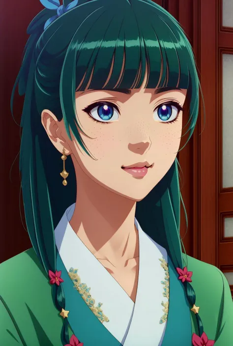 maomao, blue_eyes, green_hair, freckles, hair ribbon, <lora:Ðаомао монолог ÑаÑмаÑевÑа(maomao, blue_eyes, green_hair, freckles, hair ribbon):1.1>kimono, (((masterpiece))), (((best quality))), (((illustration))), (((finely detail))), ((extremely detailed cg unity 8k wallpaper, highres)), (beautiful detailed face and eyes and hair:1.1), (an extremely delicate and beautiful girl:1.2), ultra-detailed, ultra high res, high quality, 4K, extreamly delicate and beautiful, full_body, standing, in full growth, hourglass waist