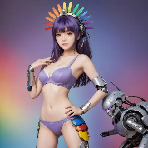 (Rainbow-colored background, mechanical legs, mechanical arms, stainless steel top, Rainbow-colored metal, bangs):1.6, (Rainbow-colored headdress, sharpening, sharpening face):1.3, 1girl, solo, face viewer, looking at viewer, lipstick, full body, cowboy shot, symmetry, mecha musume, no nipples,mecha bra, mecha, mecha on girl, Purple Dom,
<lora:Purple Dom SDXL-0.1:0.6>
<lora:bayan SDXL:0.0>
<lora:SDXL lucia 000001:0.0>
<lora:SDXL lucia 000002:0.0>
<lora:SDXL lucia 2:0.0>
<lora:SDXL lucia 3:0.0>
<lora:Princess Lucia:0.6>