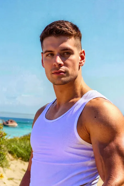 handsome guy, realistic, (natural lighting:studio lighting:0.5), sophisticated elegant mood, stained, highly detailed, found footage, masculine broad shoulders, facial hair, chill, feel good, (best quality:1.5), wear white tank top, face focus, outdoors, blue sky, beach,  upper body, (gray eyes), <lora:MalikDelgaty:0.8>, MalikDelgaty, caucasian, bright skin, (masterpiece,best quality:1.5)