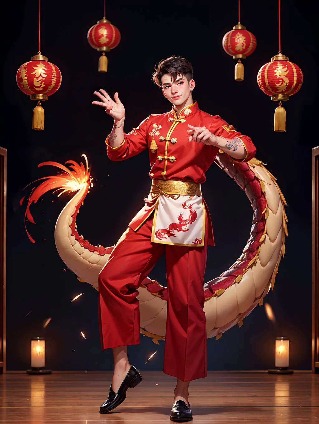 looking at viewer, Amidst the Chinese New Year festivities of the Dragon, a (handsome young man:1.1)( dons traditional attire:1.5). His clothing reveals chiseled muscles and tattoos, with a red shirt featuring golden dragon embroidery and snug, red trousers adorned with fireworks motifs. Completing the look are golden shoes.
he stands against a backdrop of gleaming red and gold lanterns on a stage filled with music and firecrackers. The man's tattoos, depicting dragons and Chinese symbols, underscore his cultural connection. With a radiant smile, he extends blessings for the year ahead, encapsulating the spirit of joy and community celebration. His masculine, youthful, and tender features exude warmth and charm, adding to the festive atmosphere of the occasion,
<lora:GoodHands-beta2:0.8>, dynamic pose,
<lora:MalikDelgaty:0.8> MalikDelgaty, masterpiece, 4k, high quality, highres, absurdres,