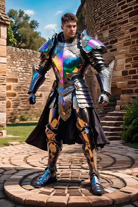 fortified castle wall, crenellated wall, MalikDelgaty is a knight, bismuth4rmor, polished, bismuth knight armor, intricate details, inlay detail, (((full body portrait))), wide angle, <lora:MalikDelgaty-000009:0.75> <lora:Clothing - Bismuth Armor:0.8>