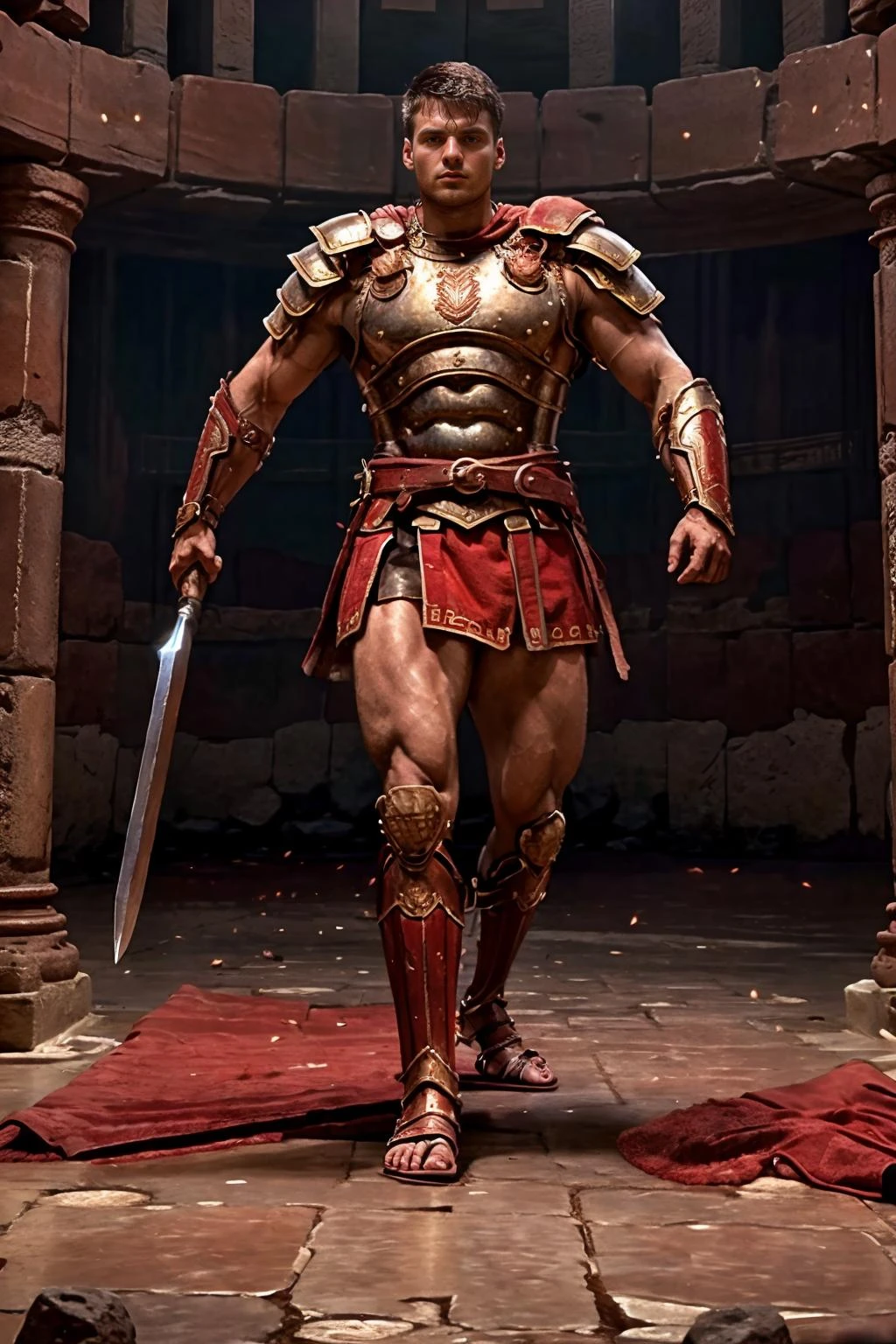 roman city, fantrome, floor of the Colosseum, MalikDelgaty is a Roman gladiator, wearing (gladiator armor), fine details, chest armor, breastplate armor, red cape, intricate details, holding sword, (((full body portrait))), full body shot, wide angle, (looking at camera) <lora:MalikDelgaty-000009:0.75> <lora:fantrome_v3:0.8>