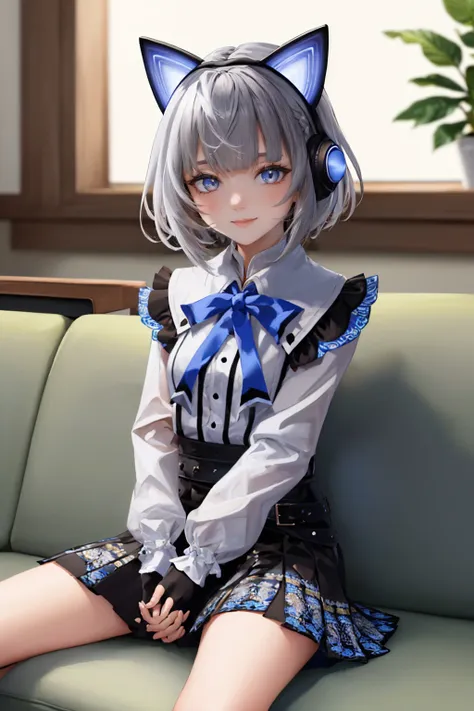 (masterpiece, best quality:1.2), solo, 1girl, vestia3rd, smile, looking at viewer, sitting, couch, headphones, white shirt, blue bow, long sleeves, fingerless gloves, black skirt, indoors <lora:hololive_zeta_v2-12:1>