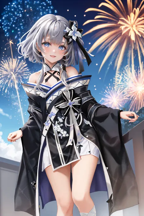 (masterpiece, best quality:1.2), solo, 1girl, vestianewyr, smile, looking at viewer, hair bow, hair flower, japanese clothes, black kimono, off shoulder, outdoors, fireworks <lora:hololive_zeta_v2-12:1>