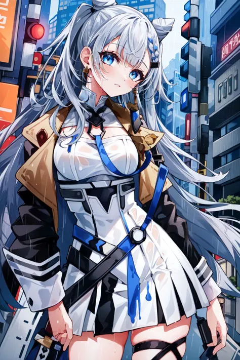 (masterpiece, best quality),  intricate details,
1girl,    <lora:hololive_zeta_v2-12:0.8> vestiadef, braid, cone hair bun, jacket, white dress, single thighhigh, earrings, 
standing on street corner, futuristic city, cyberpunk, rain, wet clothes,