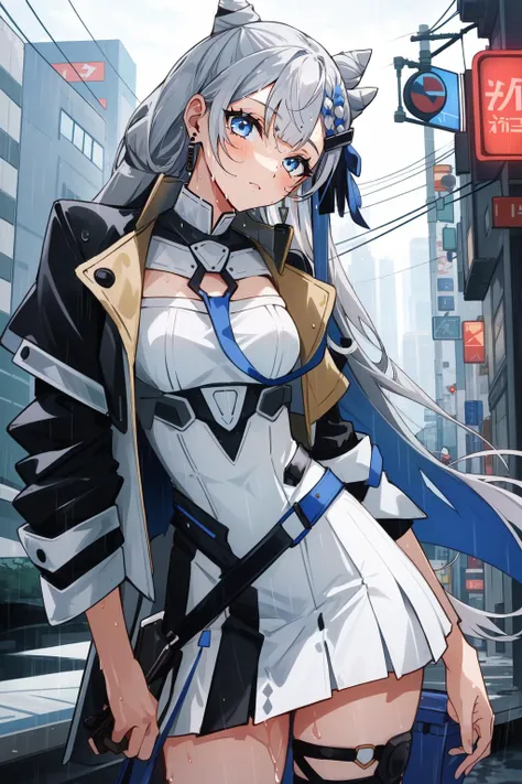 (masterpiece, best quality),  intricate details,
1girl,    <lora:hololive_zeta_v2-12:0.8> vestiadef, braid, cone hair bun, jacket, white dress, single thighhigh, earrings, 
standing on street corner, futuristic city, cyberpunk, rain, wet clothes,