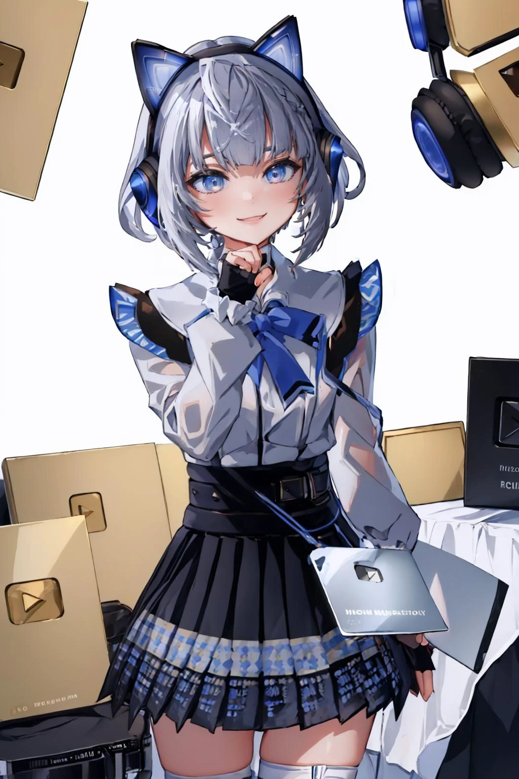 (masterpiece, best quality:1.2), solo, 1girl, vestia3rd, smile, looking at viewer, IncrsYTCreatorAward, holding, headphones, white shirt, blue bow, long sleeves, fingerless gloves, black skirt <lora:hololive_zeta_v2:1> <lora:YoutubeCreatorAward:1>