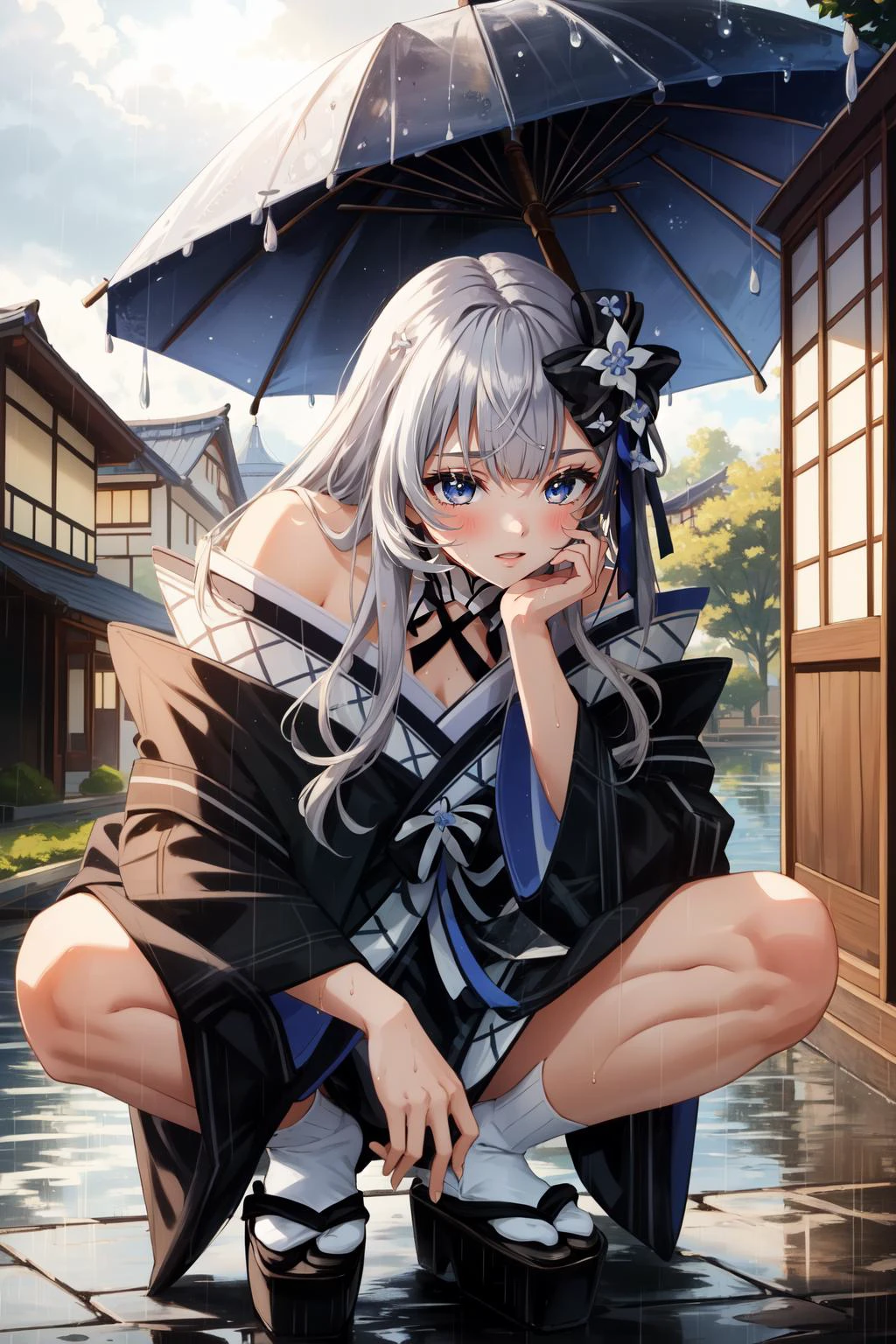 (masterpiece, best quality), intricate details,
1girl, <lora:hololive_zeta_v2-12:0.8> vestianewyr, hair bow, hair flower, japanese clothes, black kimono, off shoulder,
squatting, outdoors, rain, wet clothes, see-through,