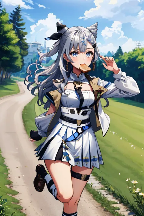 (masterpiece, best quality:1.2), solo, 1girl, vestiadef, running, toast in mouth, braid, cone hair bun, jacket, white dress, single thighhigh, earrings, scenery, grass, dirt path <lora:hololive_zeta_v2:1> <lora:toast-nvwls-v1:0.9>