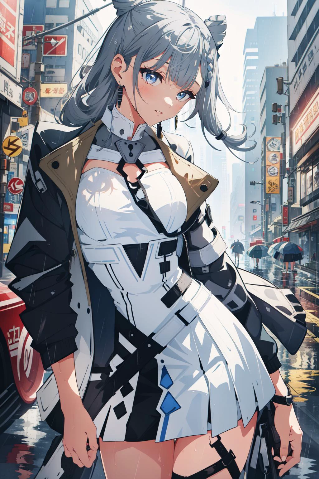(masterpiece, best quality), intricate details,
1girl, <lora:hololive_zeta_v2-12:0.8> vestiadef, braid, cone hair bun, jacket, white dress, single thighhigh, earrings,
standing on street corner, futuristic city, cyberpunk, rain, wet clothes,
