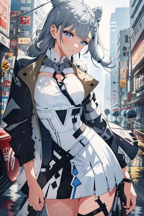 (masterpiece, best quality),  intricate details,
1girl,    <lora:hololive_zeta_v2-12:0.8> vestiadef, braid, cone hair bun, jacket, white dress, single thighhigh, earrings, 
standing on street corner, futuristic city, cyberpunk, rain, wet clothes,