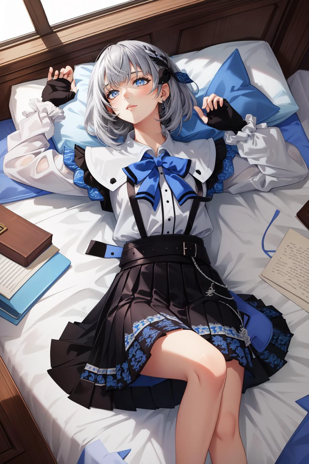 (masterpiece, best quality), intricate details,
1girl, <lora:hololive_zeta_v2-12:0.8> vestia3rd, white shirt, blue bow, long sleeves, fingerless gloves, black skirt
indoors, lying on bed, from above, on back,