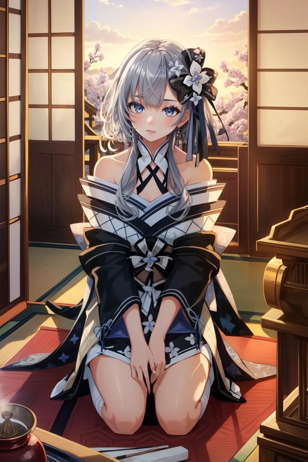 (masterpiece, best quality), intricate details,
1girl, <lora:hololive_zeta_v2-12:0.8> vestianewyr, hair bow, hair flower, japanese clothes, black kimono, off shoulder,
seiza, kneeling, indoors, traditional japanese style room, incense burner, table,