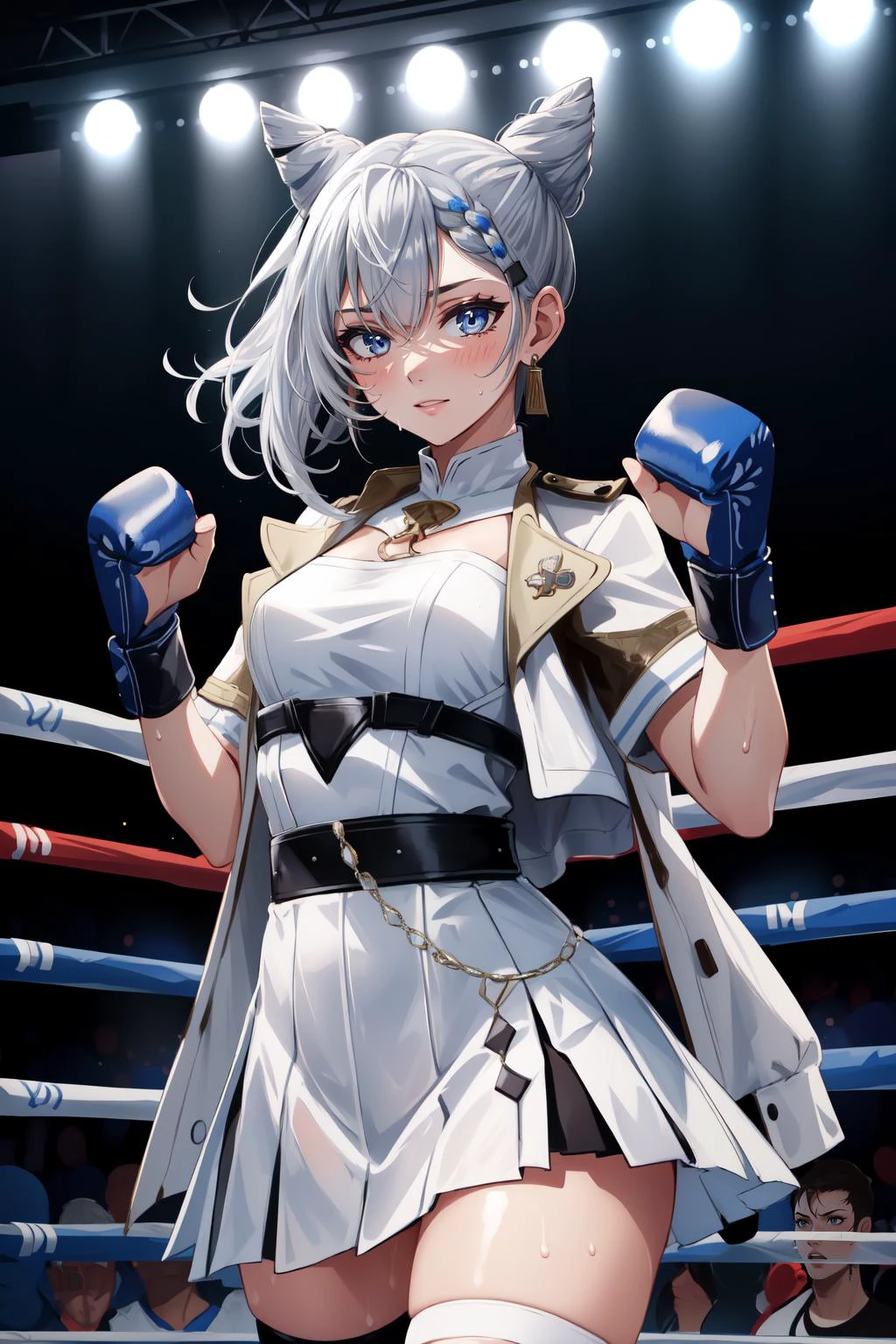 (masterpiece, best quality), intricate details,
1girl, <lora:hololive_zeta_v2-12:0.8> vestiadef, braid, cone hair bun, jacket, white dress, single thighhigh, earrings,
indoors, boxing arena, fighting stance, sweating, bruises,