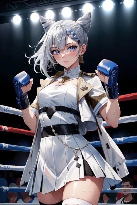 (masterpiece, best quality),  intricate details,
1girl,    <lora:hololive_zeta_v2-12:0.8> vestiadef, braid, cone hair bun, jacket, white dress, single thighhigh, earrings, 
indoors, boxing arena, fighting stance, sweating, bruises,