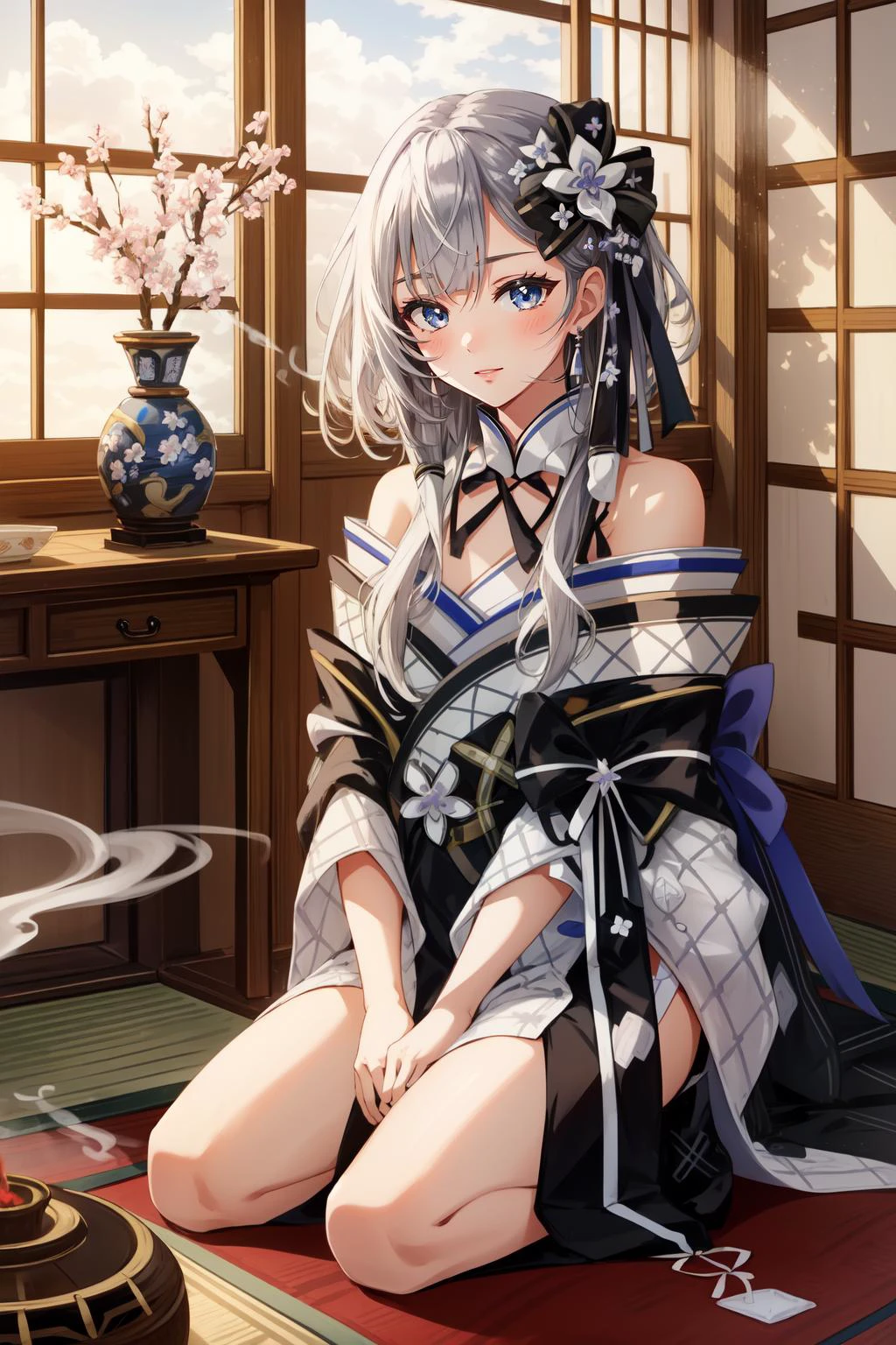 (masterpiece, best quality), intricate details,
1girl, <lora:hololive_zeta_v2-12:0.8> vestianewyr, hair bow, hair flower, japanese clothes, black kimono, off shoulder,
seiza, kneeling, indoors, traditional japanese style room, incense burner, table,