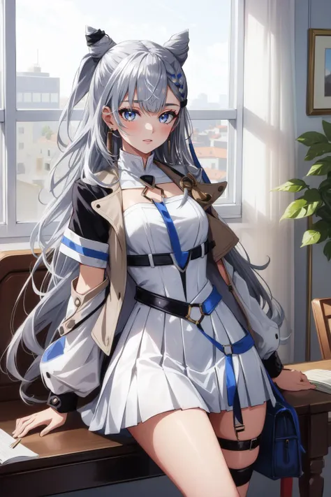 (masterpiece, best quality),  intricate details,
1girl,    <lora:hololive_zeta_v2-12:0.8> vestiadef, braid, cone hair bun, jacket, white dress, single thighhigh, earrings,