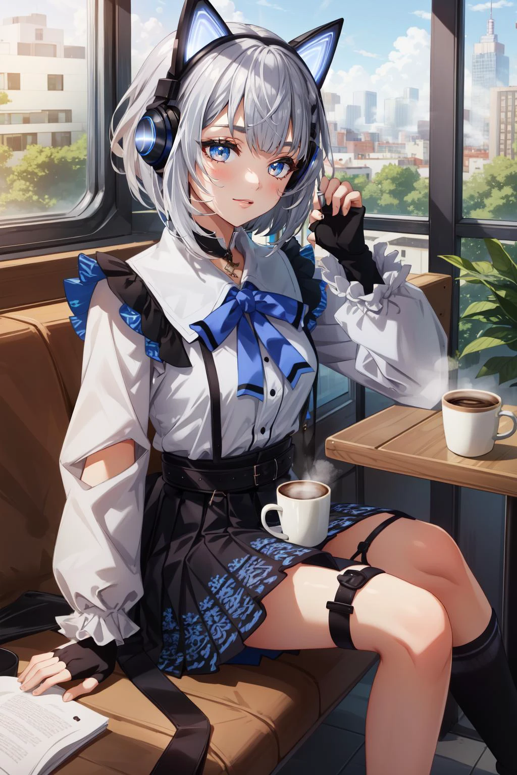 (masterpiece, best quality), intricate details,
1girl, <lora:hololive_zeta_v2-12:0.8> vestia3rd, headphones, white shirt, blue bow, long sleeves, fingerless gloves, black skirt
indoors, sitting, coffee shop, steaming mug of coffee, sitting at table,