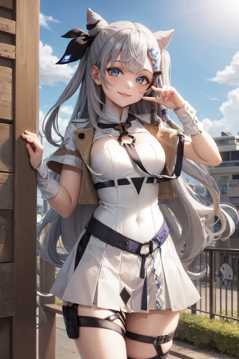 (masterpiece, best quality:1.2), <lora:hololive_vestia-10:1>, cowboy shot, solo, 1girl, vestia zeta, virtual youtuber, smile, looking at viewer, hair ribbon, hair ornament, white dress, single thighhigh, thigh strap