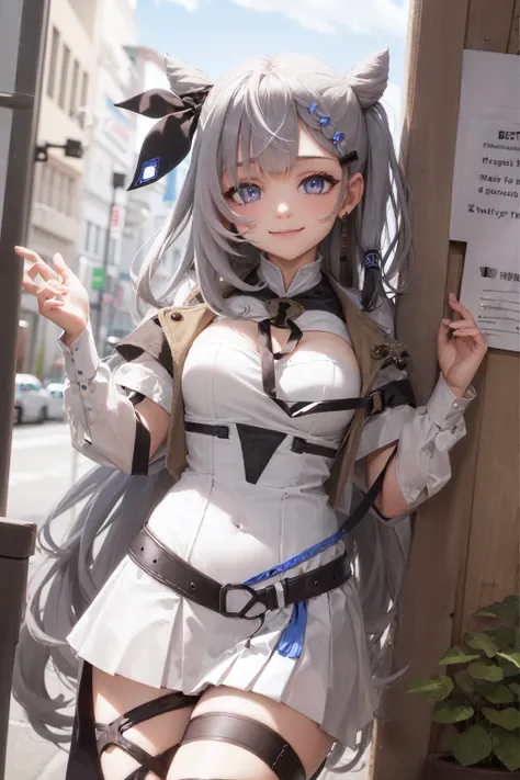 (masterpiece, best quality:1.2), <lora:hololive_vestia-10:1>, cowboy shot, solo, 1girl, vestia zeta, virtual youtuber, smile, looking at viewer, hair ribbon, hair ornament, white dress, single thighhigh, thigh strap