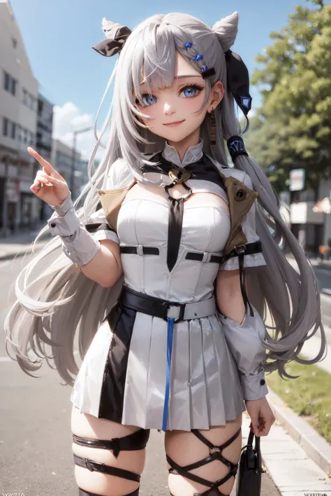 (masterpiece, best quality:1.2), <lora:hololive_vestia-10:1>, cowboy shot, solo, 1girl, vestia zeta, virtual youtuber, smile, looking at viewer, hair ribbon, hair ornament, white dress, single thighhigh, thigh strap