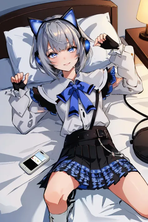 (masterpiece, best quality:1.2), from above, solo, 1girl, vestia3rd, smile, looking at viewer, lying, on back, headphones, white shirt, blue bow, long sleeves, fingerless gloves, black skirt, bed <lora:hololive_zeta_v2-12:1>