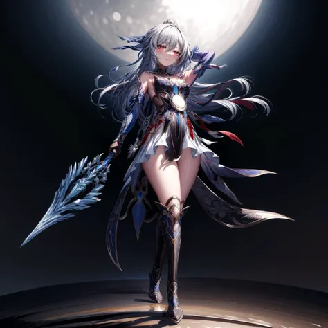 masterpiece, best quality, JingliuV5, 1girl, solo, looking at viewer, red eyes, gloves, dress, holding, bare shoulders, closed mouth, weapon, boots, sky, black gloves, sword, holding weapon, night, holding sword, moon, night sky, full moon, <lora:JingliuV5-10:1>, shadow, ray tracing