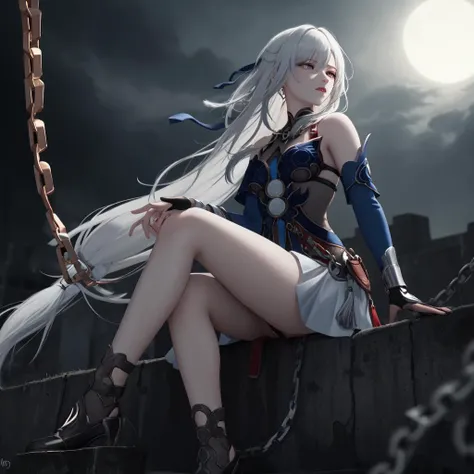 masterpiece, best quality, JingliuV5, 1girl, solo, gloves, gloves, dress, bare shoulders, closed mouth, boots, sky, black gloves, black footwear, blindfold, night sky, full moon, elbow gloves, armpits, arms up, ((chain, bound, restrained:1.3)), sitting, wariza, night, starry sky, sky, cowboy shot, view from below, far shot