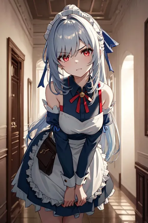 1girl, solo, cowboy shot, bent over, leaning forward, 
<lora:JingliuV5:0.7>, JingliuV5, red eyes, silver hair, long_hair, hair ribbon, 
maid, maid headdress, maid apron, bare shoulders, detached sleeves,  frills, 
looking at viewer,
head tilt, 
indoors, hallway, 
<lyco:glaringV_Conv2D:1.0>, glaring, angry,, weird atmosphere, (best quality:1.1), (masterpiece:1.2), high quality shadow, beautiful detailed, (high detailed skin, skin details), (wide_landscape, 8k), beautiful face, detailed eyes, depth of field, dramatic light, best quality, highres, best shadow, best illumination,