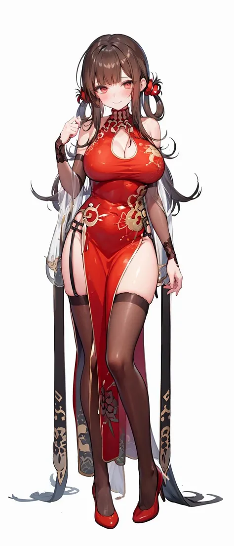 1girl,solo, large breasts, 
,dsr50red, ahoge, blush, full-face blush, standing, china dress, full body,evil smile, black thighhighs,elbow gloves,hair rings,  <lora:dsr50V2-09[dsr50red,china dress][dsr50highest,evening gown]:1>, cleavage cutout, see-through shawl,