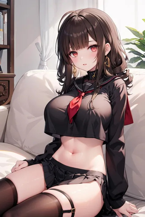 1girl,solo, huge breasts,
,dsr50highest, ahoge, school uniform,sitting,couch,crop top overhang,underboob,black thighhighs,  <lora:dsr50V2f-09[dsr50red,china dress][dsr50highest,evening gown]:0.85>,black serafuku, long sleeves,eyes visible through hair,