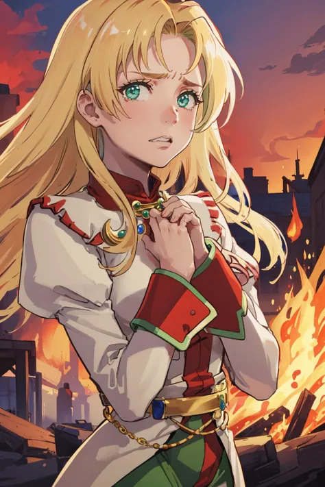 masterpiece, best quality, <lora:WildArms_Cecilia:1> cecilia_p, long hair, beige dress, long sleeves, beige sleeves, red cuffs, long skirt, green skirt, jewelry, upper body, fire, burning, village, red sky, smoke, looking at viewer, clenched teeth, furrowed brow, hand on own chest, tear in eyes