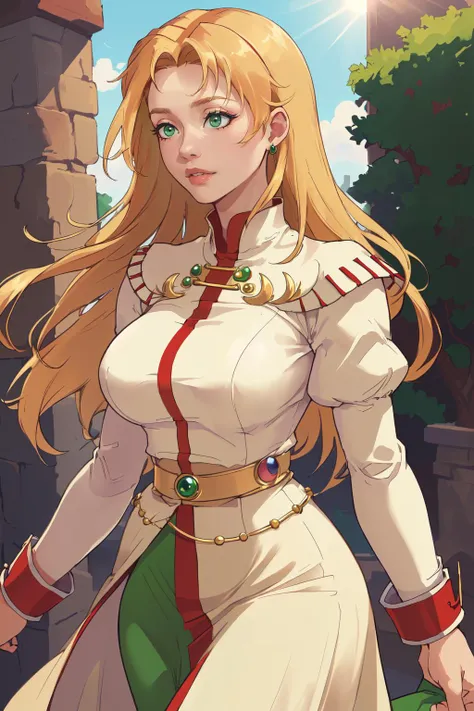 (masterpiece,best quality,absurdres,beautiful,sharp,detailed),outside,sunlight,1girl,cecilia_p, long hair, beige dress, long sleeves, beige sleeves, red cuffs, long skirt, green skirt, jewelry, <lora:WildArms_Cecilia:0.7>