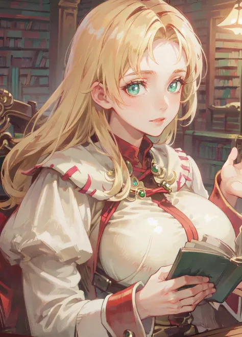 (masterpiece, best quality, ultra detailed, beautiful illustration), (oil painting:1.4), atmospheric perspective, (fantasy atmosphere, elaborate atmosphere:1.4), depth of field, looking at viewer, beautiful detailed eyes, 1girl, (portrait, closeup:1.3), dynamic angle, (huge breasts:1.1), (indoors, library:1.5, reading:1.5), cecilia_p, long hair, beige dress, long sleeves, beige sleeves, red cuffs, long skirt, green skirt, jewelry, high boots, <lora:WildArms_Cecilia:1>