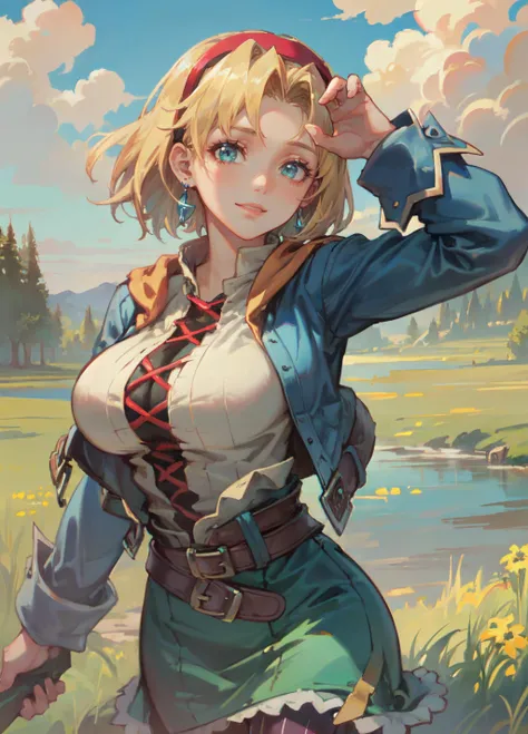 masterpiece, best quality, ultra detailed, beautiful illustration), (oil painting:1.4), atmospheric perspective, (fantasy atmosphere, elaborate atmosphere:1.4), depth of field, looking at viewer, beautiful detailed eyes, 1girl, (cowboy shot), sexy pose, dynamic angle, sexy smile, (huge breasts:1.2),(outdoors, grasslands:1.5, blue sky:1.5, clouds:1.5), cecilia_t, short hair, hairband, earrings, blue jacket, beige shirt, blue skirt, belt, vertical-striped pantyhose, boots, <lora:WildArms_Cecilia:0.9>