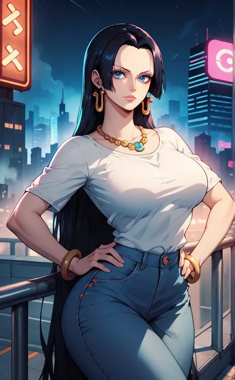 score_9, score_8_up, score_7_up, very aesthetic, anime,
1girl, boa Hancock (one piece), black hair, blue eyes, bracelet, breasts, building, city, cityscape, , jeans pant and shirt, earrings, hand on hip, jewelry, large breasts, very long hair, necklace, white shirt, railing, side slit, skyscraper, solo, cyberpunk lighting, bloom, outdoor, cyberpunk, bladerunner theme, front facing, night, neon, lights, traffic, futuristic, foggy lighting, bloom glow, glow lighting, flying vehicles, ((living city)), cowboy shot, simple expression, rich lighting, standing in the middle of the road, eerie surreal effects, variety of crowds, neon city, dystopian setup, vehicles, middle of the frame, bloom lighting, film grain, fog glow,
<lora:OdaEiichiroStyleManga:0.0> <lora:add-detail-xl:0.5> <lora:80s_Anime_Woman:0.0>   ratatatat74 <lora:ratatatat74_XL_v2:1>