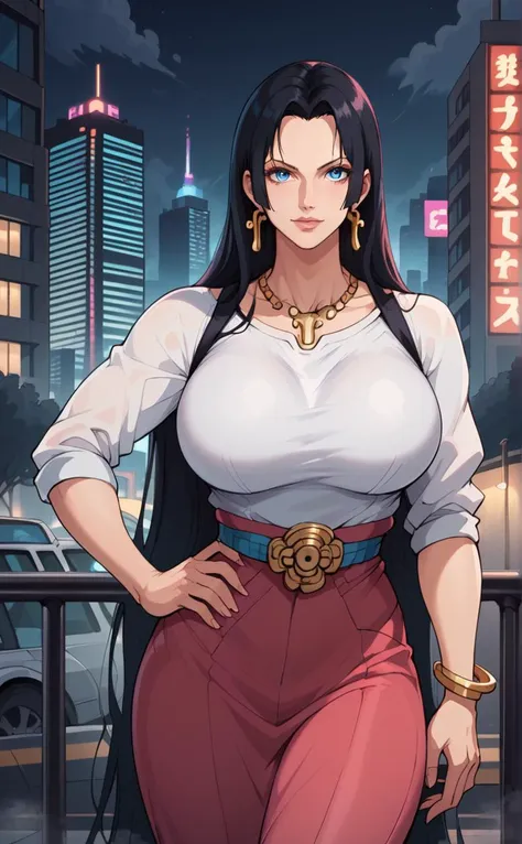 score_9, score_8_up, score_7_up,
1girl, boa Hancock (one piece), black hair, blue eyes, bracelet, breasts, building, city, cityscape, , jeans pant and shirt, earrings, hand on hip, jewelry, large breasts, very long hair, necklace, white shirt, railing, side slit, skyscraper, solo, cyberpunk lighting, bloom, outdoor, cyberpunk, bladerunner theme, front facing, night, neon, lights, traffic, futuristic, foggy lighting, bloom glow, glow lighting, flying vehicles, ((living city)), cowboy shot, simple expression, rich lighting, standing in the middle of the road, eerie surreal effects, variety of crowds, neon city, dystopian setup, vehicles, middle of the frame, bloom lighting, film grain, fog glow,
<lora:OdaEiichiroStyleManga:0.0> <lora:add-detail-xl:0.0> <lora:80s_Anime_Woman:0.0>   ratatatat74 <lora:ratatatat74_XL_v2:0> <lora:RaikageArtLycoXL:1>