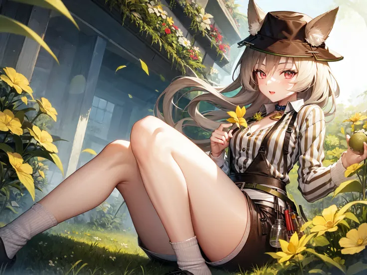 masterpiece, best quality, 1girl, solo, effect, multicolored background, flower, <lora:bea2-000002:1>, Beanstalk, fedora, animal ears, vertical-striped_shirt, shorts