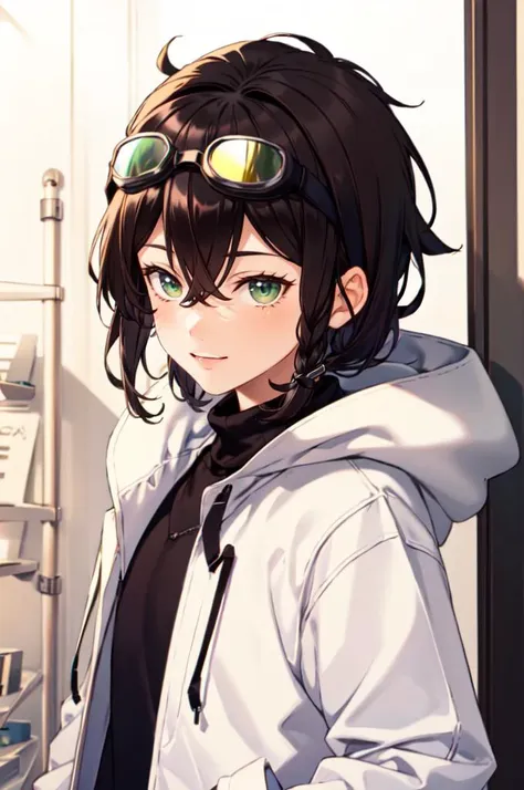 <lora:Takunomi_SD1.5_dim64:1>, absurdres, ultra detailed, masterpiece, best quality, aesthetic, detailed,, solo, smile, 1boy, green eyes, short hair, black hair, bangs, hair between eyes, messy hair, (goggles on head:1.2),, headband, white coat, hooded coat, hood down, open coat, turtleneck, capri pants, pants, black knee boots,