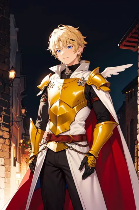 <lora:Takunomi_SD1.5_dim64:1>, absurdres, ultra detailed, masterpiece, best quality, aesthetic, detailed,, solo, smile, 1boy, blue eyes, medium blonde hair, parted bangs, hair intakes, male focus, muscular male,, armor, pauldrons, cuirass, gauntlets, waist cape, greaves, black bodysuit, surcoat, shoulder sash, wing shoulder armor, cape, pants,