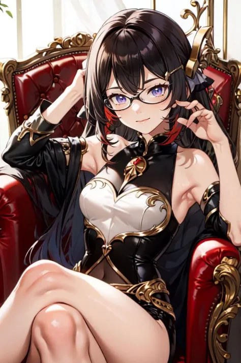 <lora:Takunomi_SD1.5_dim64:1> (red-framed eyewear:1.2), sitting, crossed legs, throne,, absurdres, ultra detailed, masterpiece, best quality, aesthetic, detailed,, solo, smug smile, 1girl, purple eyes, red-framed eyewear, (black hair, red colored tips:1.2), red streaked hair, very long hair, side ponytail, tied hair, medium breasts, <lora:DipDyedHair:1> red IncursioDipDyedHair,